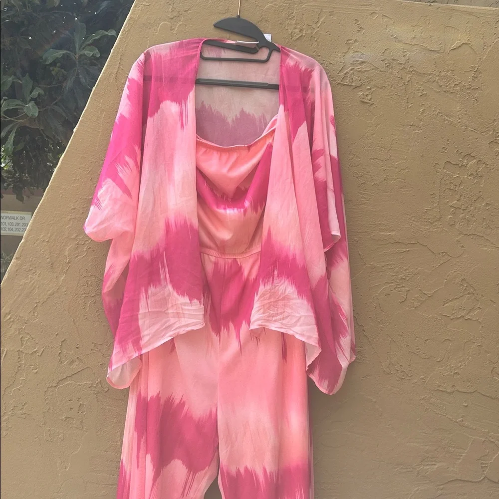 New York & Co Pink Tie-Dye Mesh Strapless Jumpsuit + Matching Top Set | L/XL - Picture 4 of 6